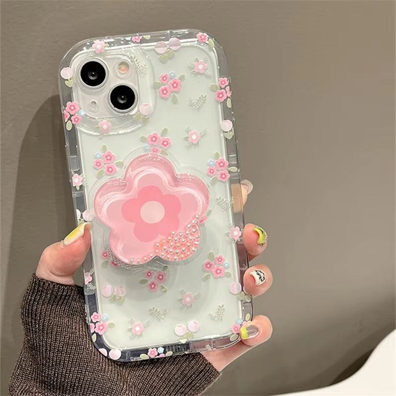 Cute Quicksand Pink Flower Holder Phone Case for Iphone 16 15 14 13 12 11 Pro Max XR X XS 7 8 plus Stand Floral Clear Soft Cover